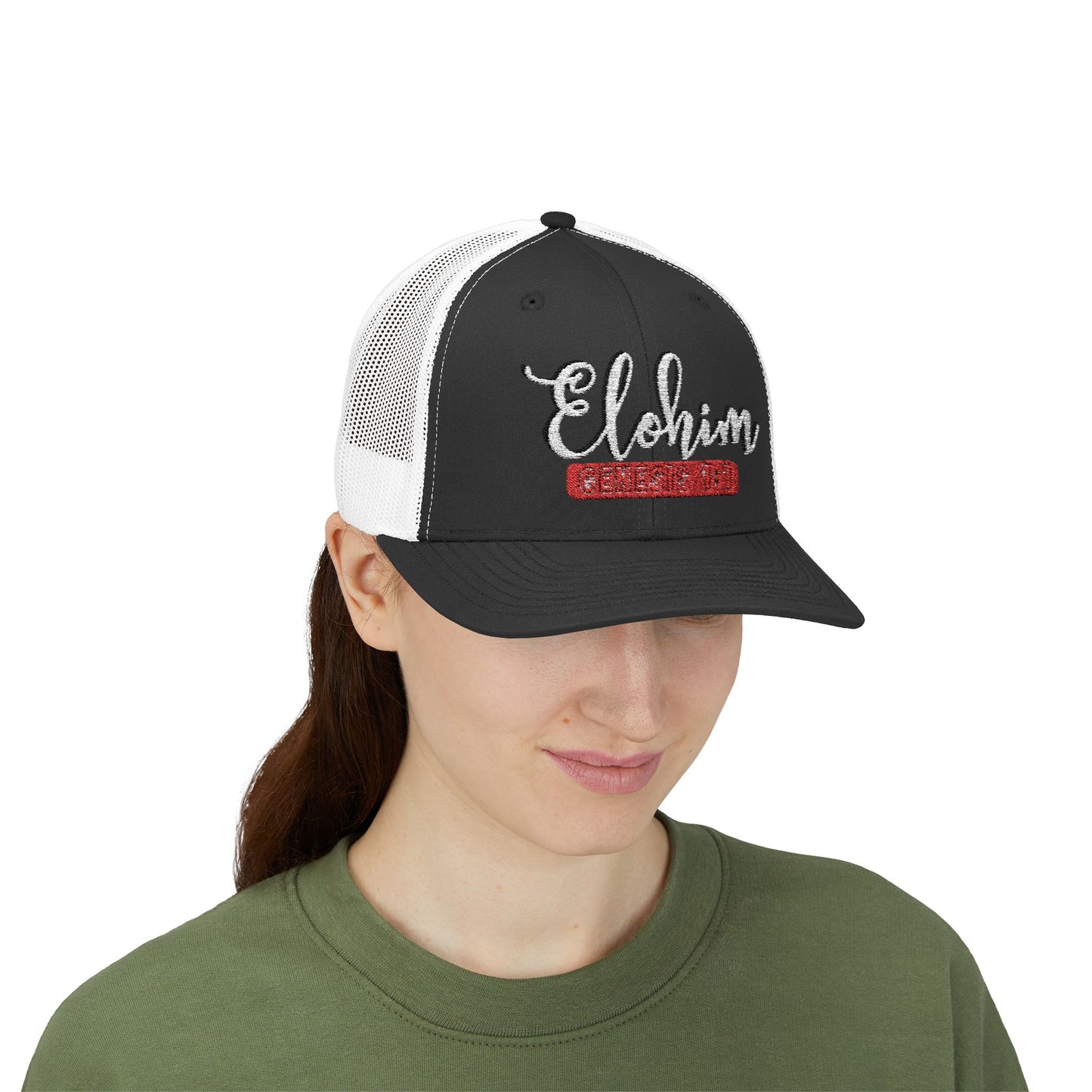 Script Embroidery ''Elohim'' Faith Snapback Trucker Cap - Religious Hat, Stylish Accessory, Gift for Believers, Casual Wear, Outdoor Events, Faith-Based, Name of GOD.