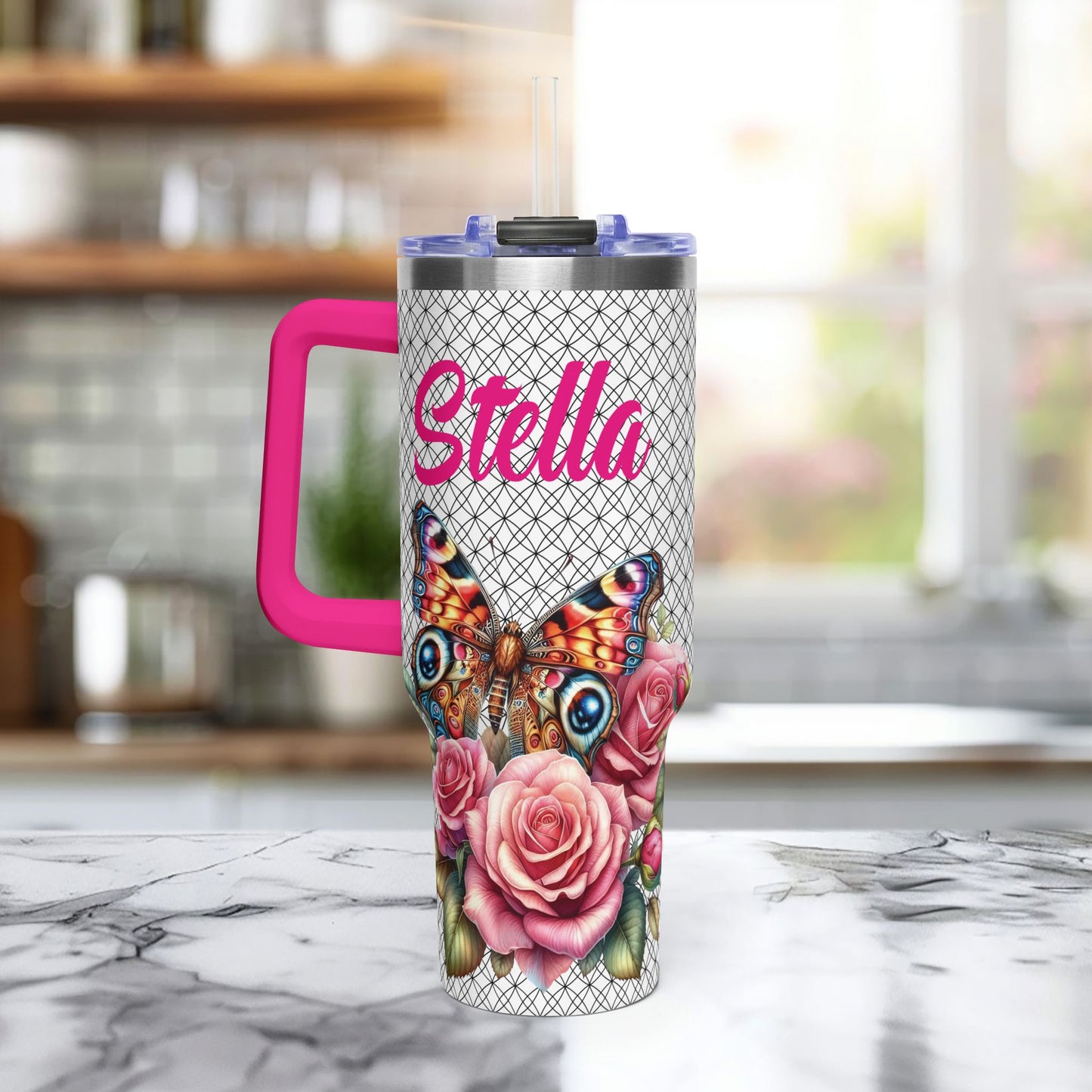 40oz Floral Butterfly Tumbler — Personalized "Name and Affirmation" Vacuum Insulated Cup