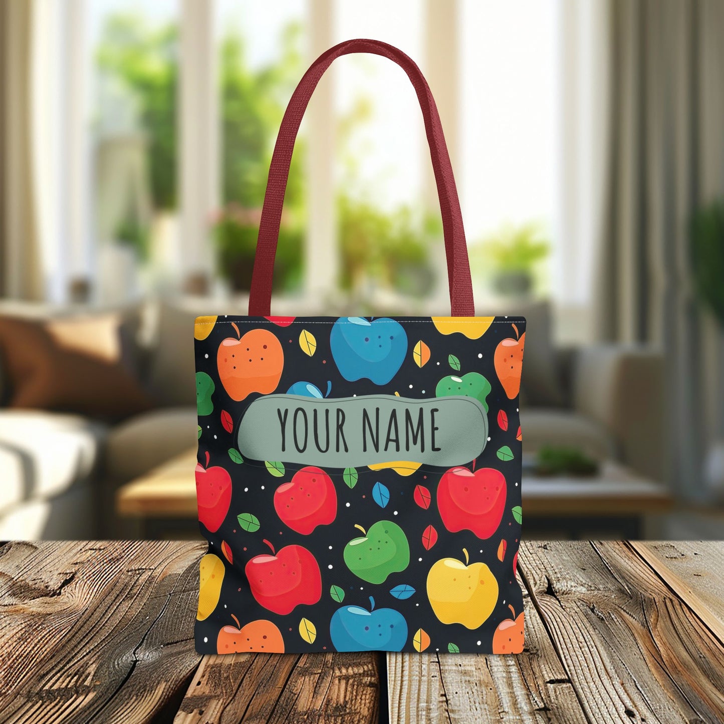 All-Over Apple Print Personalized Tote Bag — Durable Everyday Carry (3 Sizes, 5 Handle Colors)
