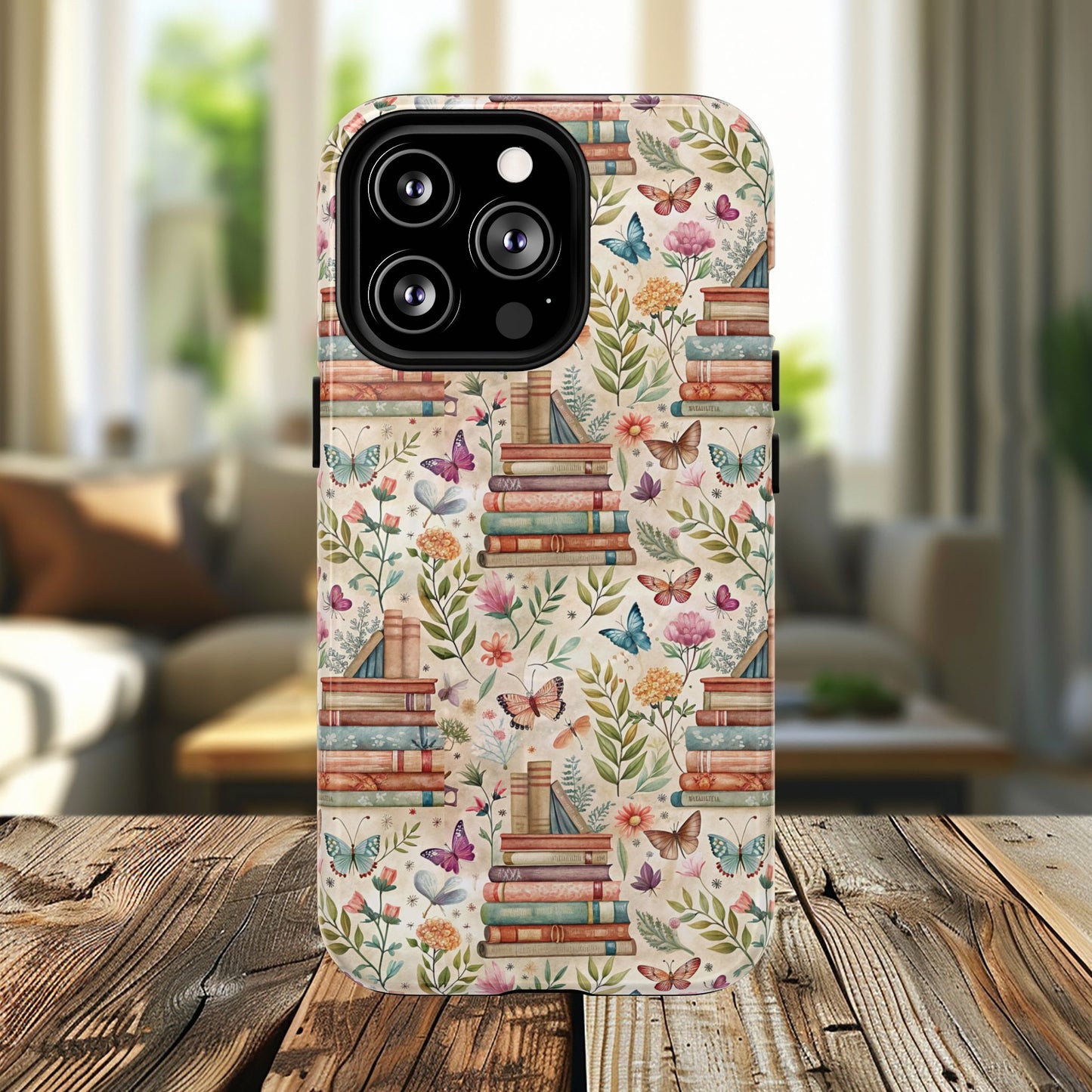 Colorful Bookworm Tough Magnetic iPhone Case,  Floral Butterfly Print, Gift for Readers, Tough IPhone Protective Cover, Bookish iPhone Case.