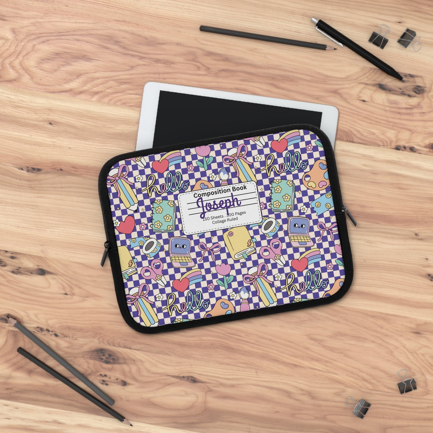 Personalized Purple Doodle Daydream Laptop Sleeve with Composition Book Inspired Design, Customizable Tech Case, School Supplies, Gift for Students, College Essentials, Back to School