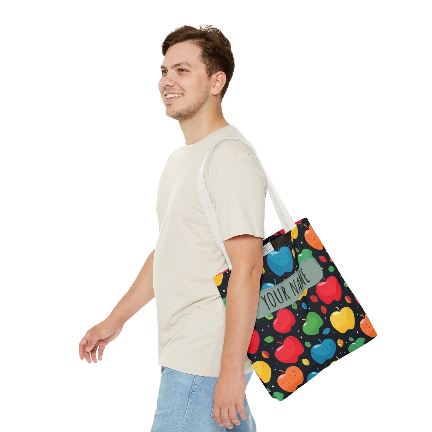 All-Over Apple Print Personalized Tote Bag — Durable Everyday Carry (3 Sizes, 5 Handle Colors)