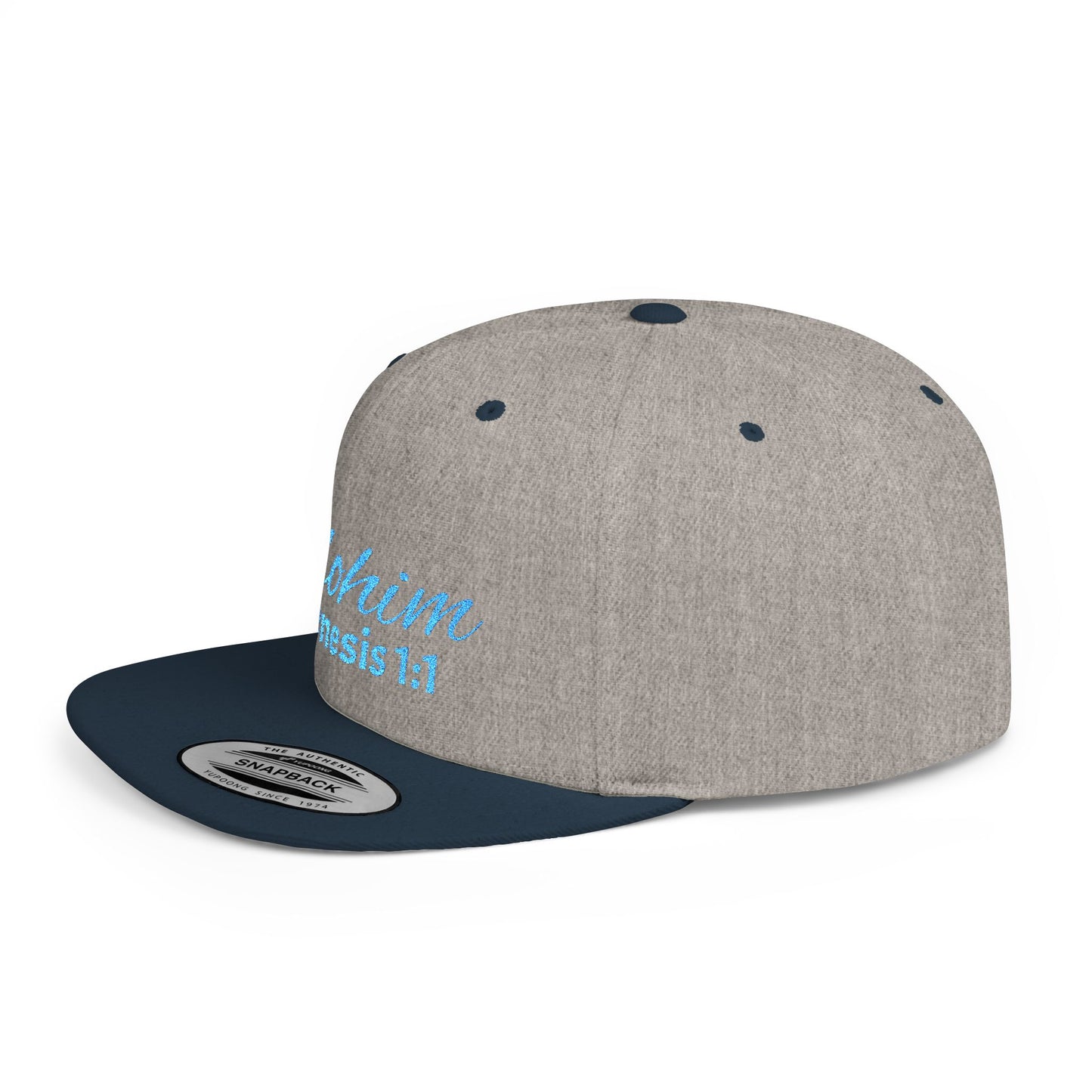 Teal Embroidery 'ELOHIM, GENESIS 1:1' Flat Bill Snapback Hat, Stylish Cap for Everyday Wear, Church Events, Gift for Him/Her, Streetwear Accessory, Casual Fashion