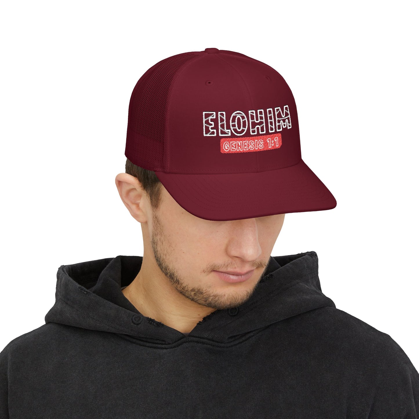 Embroidered  'ELOHIM GENESIS 1:1' Snapback Cap, Faith-Based Trucker Hat, Christian Gifts, Stylish Headwear, Religious Apparel, Perfect for Summer