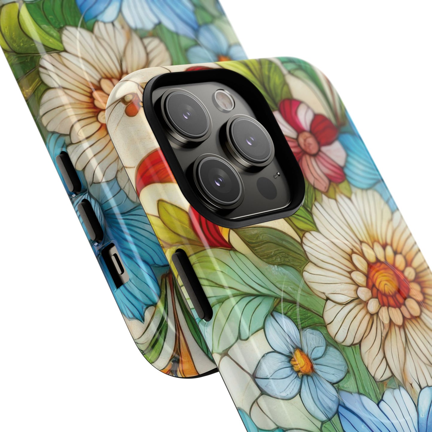 Botanical Radiance Tough iPhone Magnetic Case, Customizable Durable iPhone Cover | Ideal Gift for Nature Lovers, Floral Stained Glass Gift