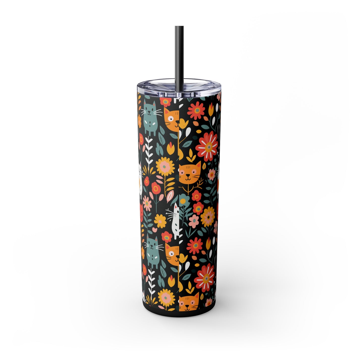 Whimsical Feline Garden Skinny Tumbler with Straw, 20oz