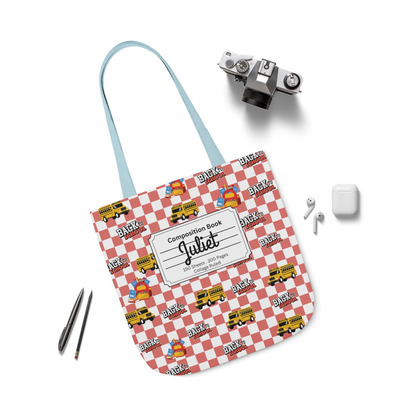 Personalized Red Schoolyard Chic Composition Book Inspired Canvas Tote Bag with Colorful Straps, Cute School Bag, Eco-Friendly Tote, Back to School Shopping Bag, Teacher Gift Idea