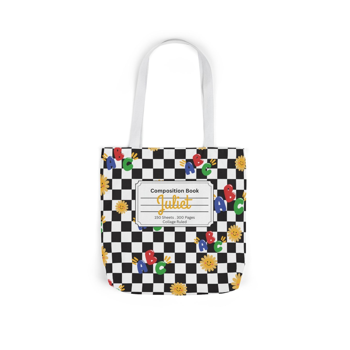 Personalized Schoolyard Chic Composition Book Inspired Canvas Tote Bag with Colorful Straps, Cute School Bag, Eco-Friendly Tote, Back to School Shopping Bag, Teacher Gift Idea