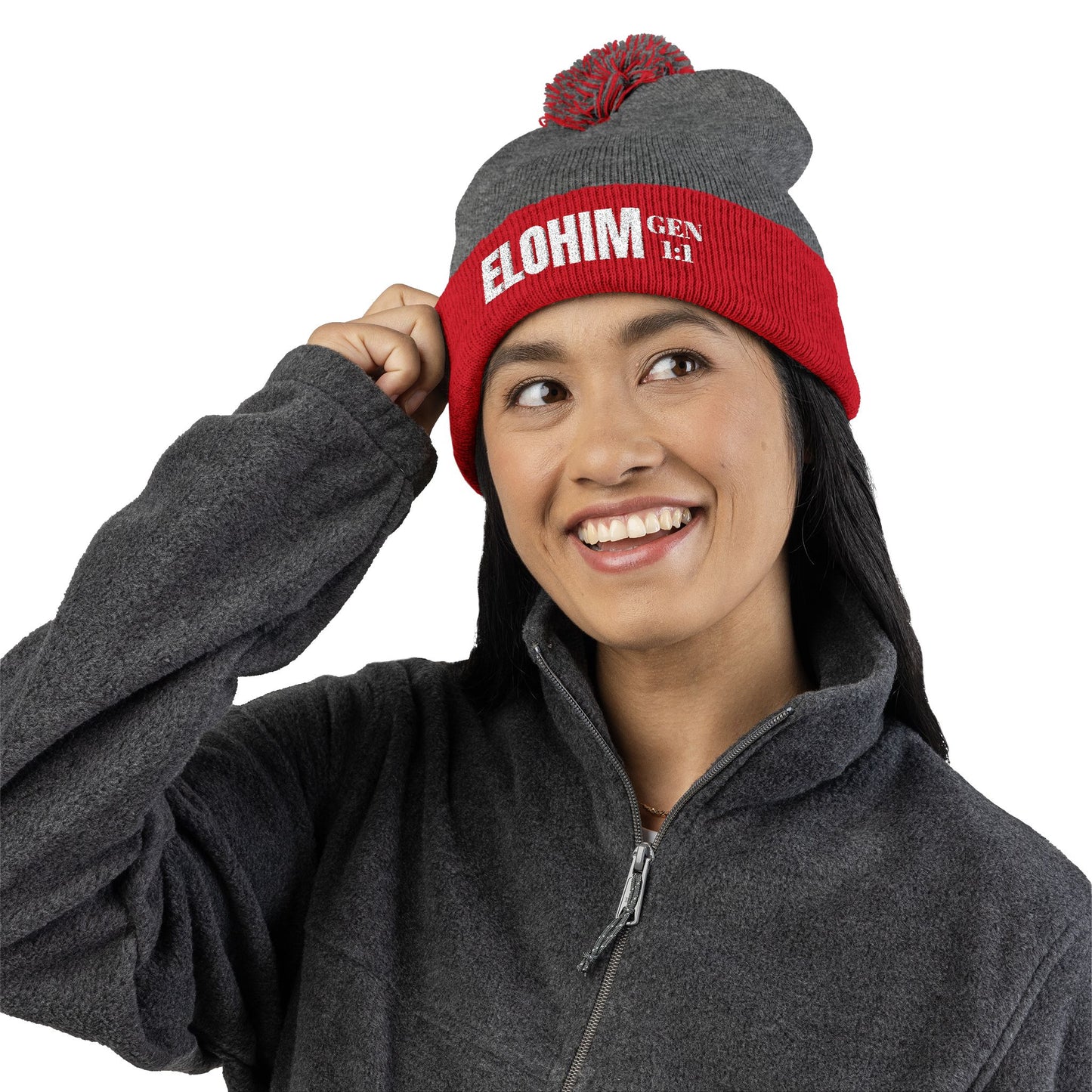 Pom-Pom Knit Cap with 'ELOHIM, GENESIS 1:1'  Embroidery Beanie - Stylish Winter Accessory for All Ages, Perfect Gift for Birthdays, Holidays, and Outdoor Activities