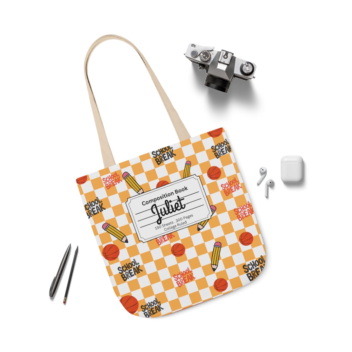 Personalized Orange Schoolyard Chic Composition Book Inspired Canvas Tote Bag with Colorful Straps, Cute School Bag, Eco-Friendly Tote, Back to School Shopping Bag, Teacher Gift Idea
