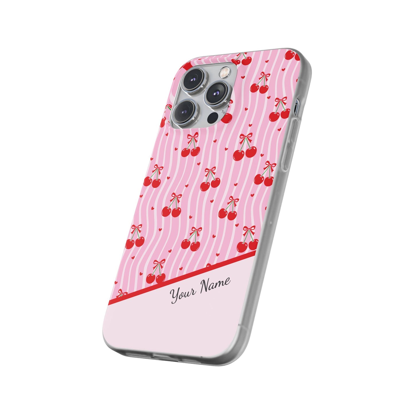 Personalized Cherry Blossom Dreams Flexi Case — Pink Retro Cherry iPhone® 7/8, 11, 12, 13, 14, 15, 16, 17, X/XS, SE, XR, Mini, Pro, Pro Max, Plus Cases.