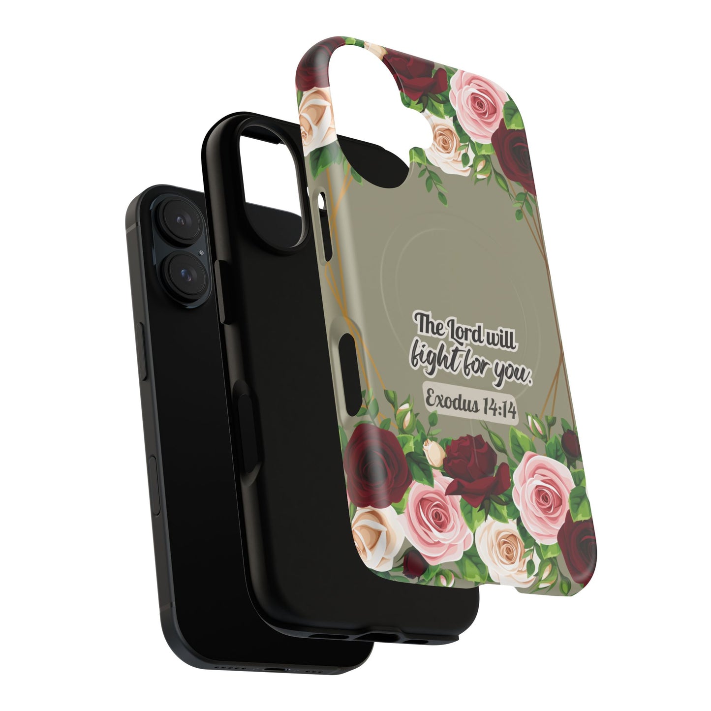 The Lord will Fight for You Exodus 14:14, Inspirational Gift, Tough iPhone Magnetic Case Scripture, Roses Bible Verse, MagSafe® iPhone® Tough Case, iPhone 14, iPhone 15, iPhone 16, Pro, Pro Max, Plus.