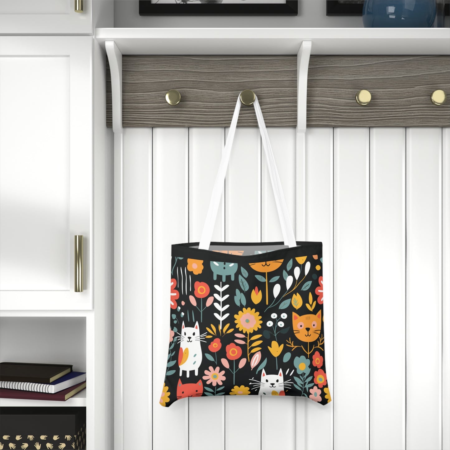 Whimsical Feline Garden Shoulder Tote Bag - Colorful Everyday Accessory