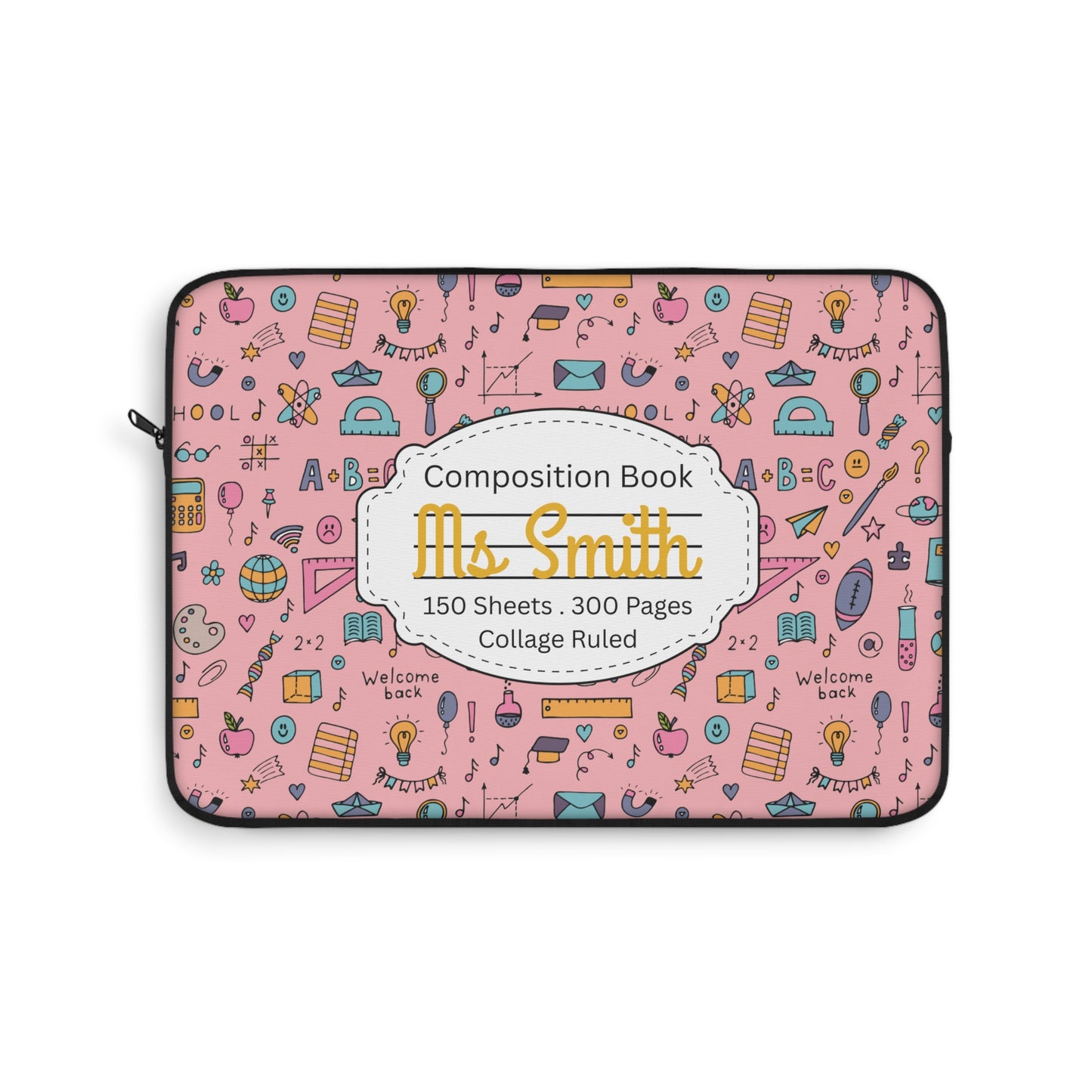 Personalized Pink Chalkboard Chic Laptop Sleeve with Composition Book Inspired Design, Educational Gift for Teachers, Classroom Organization, Back to School, Unique Teacher Accessory