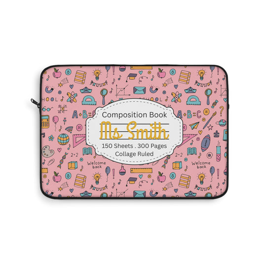 Personalized Pink Chalkboard Chic Laptop Sleeve with Composition Book Inspired Design, Educational Gift for Teachers, Classroom Organization, Back to School, Unique Teacher Accessory