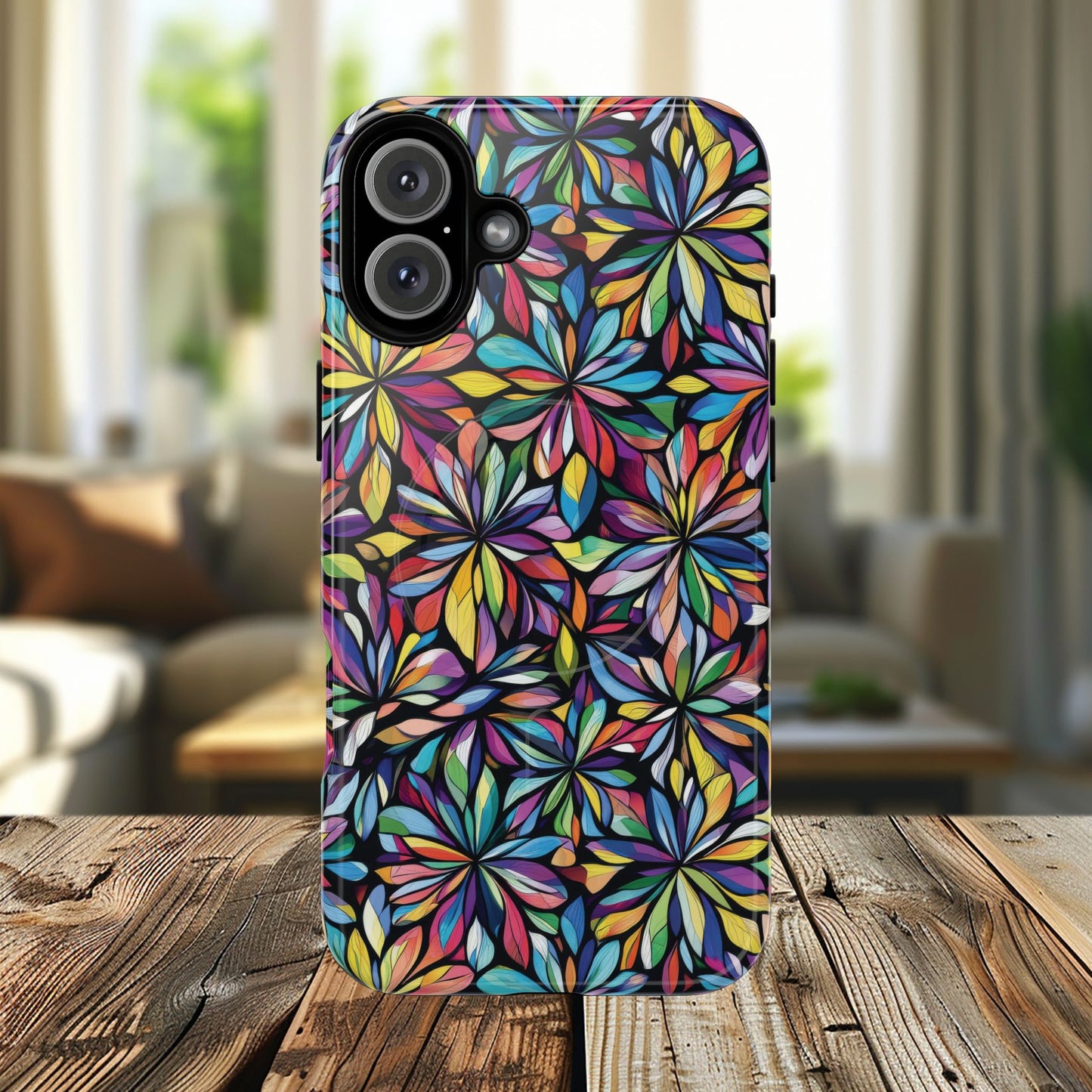 Prism Petal Burst Tough Magnetic iPhone Case, Colorful iPhone Case, Unique Gift for Flower Lovers, Stylish stained Glass Accessory