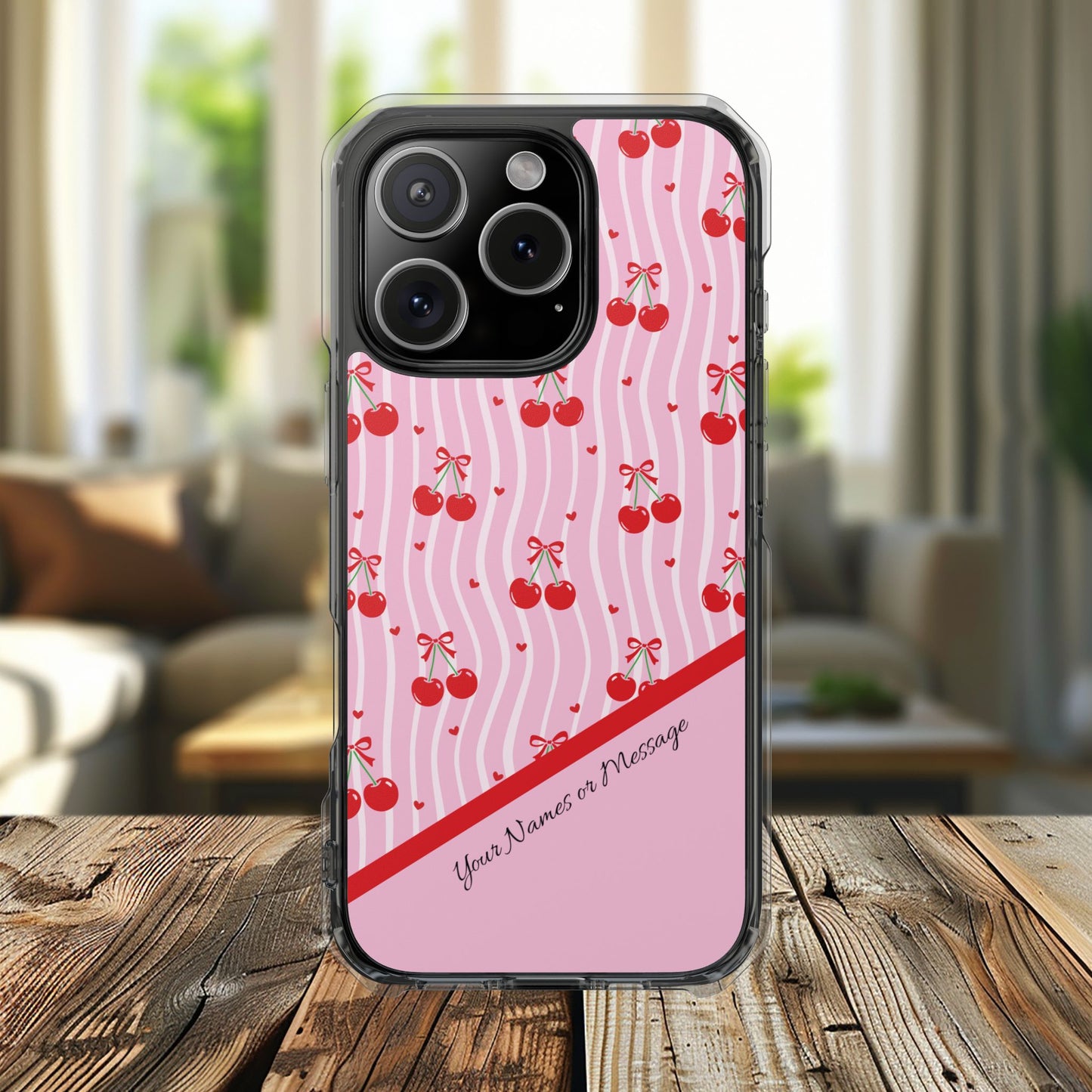 Personalized Cherry Blossom Dreams Clear Magnetic MagSafe iPhone® 13, 14, 15, 16, 17, X/XS, SE, XR, Mini, Pro, Pro Max, Plus Cases. — Customizable Name Accent