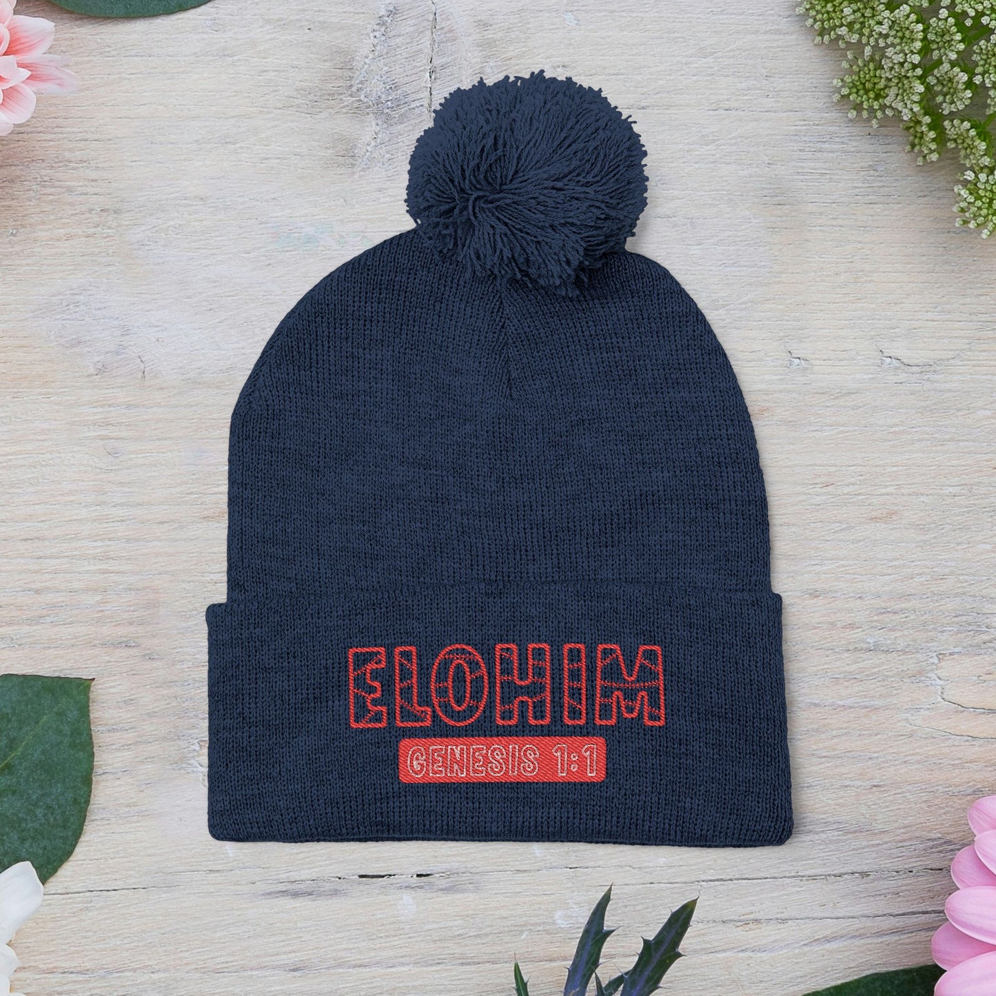 Red Pom-Pom Knit Cap with 'ELOHIM, GENESIS 1:1'  Embroidery Beanie - Stylish Winter Accessory for All Ages, Perfect Gift for Birthdays, Holidays, and Outdoor Activities