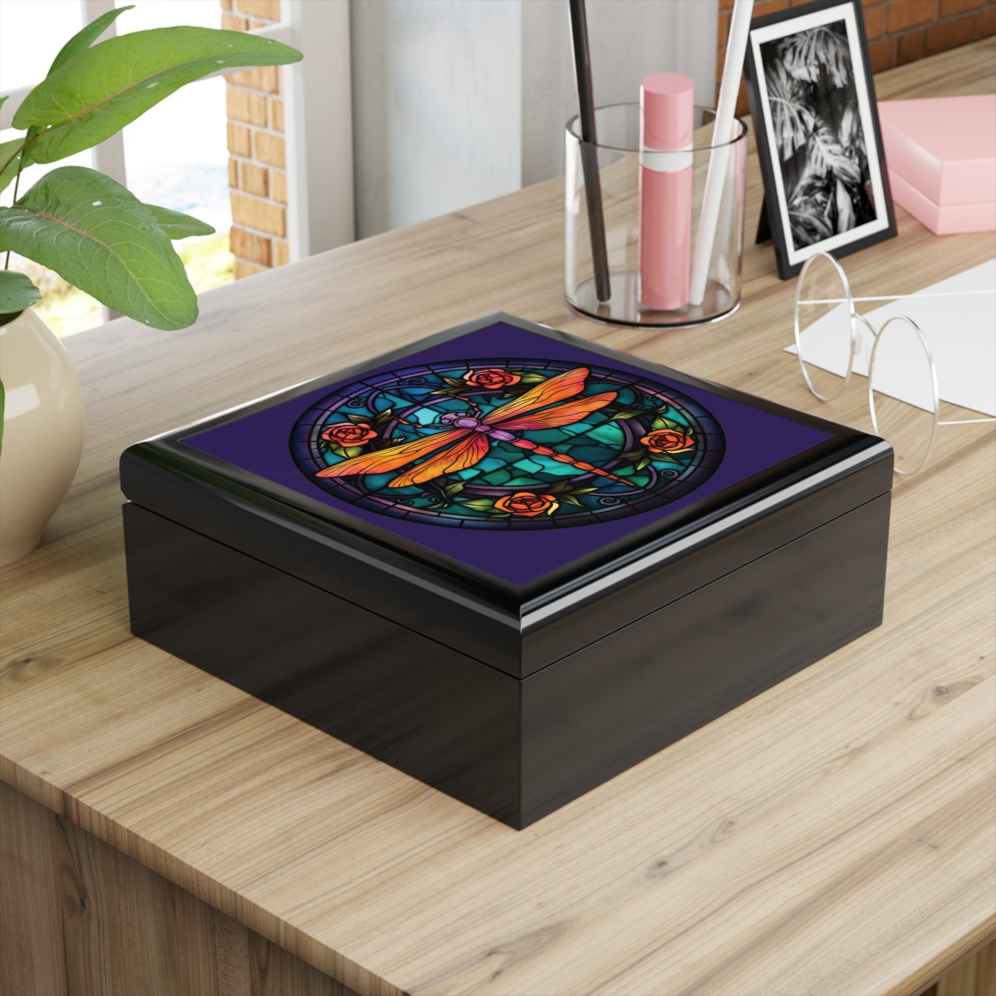 Stained Glass Dragonfly Jewelry Box — Floral Keepsake Box