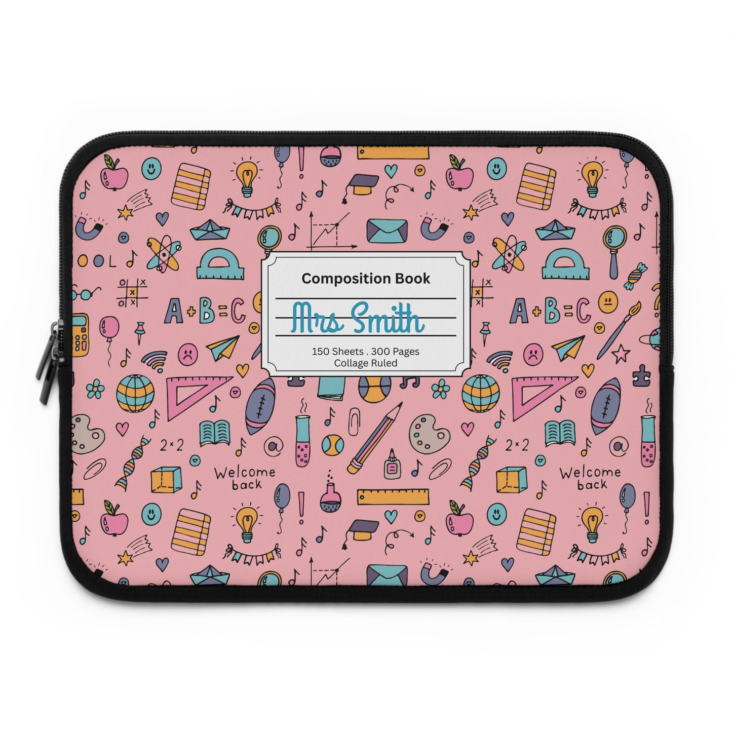 Personalized Pink Chalkboard Chic Laptop Sleeve with Composition Book Inspired Design, Customizable Tech Case, School Supplies, Gift for Students, College Essentials, Back to School