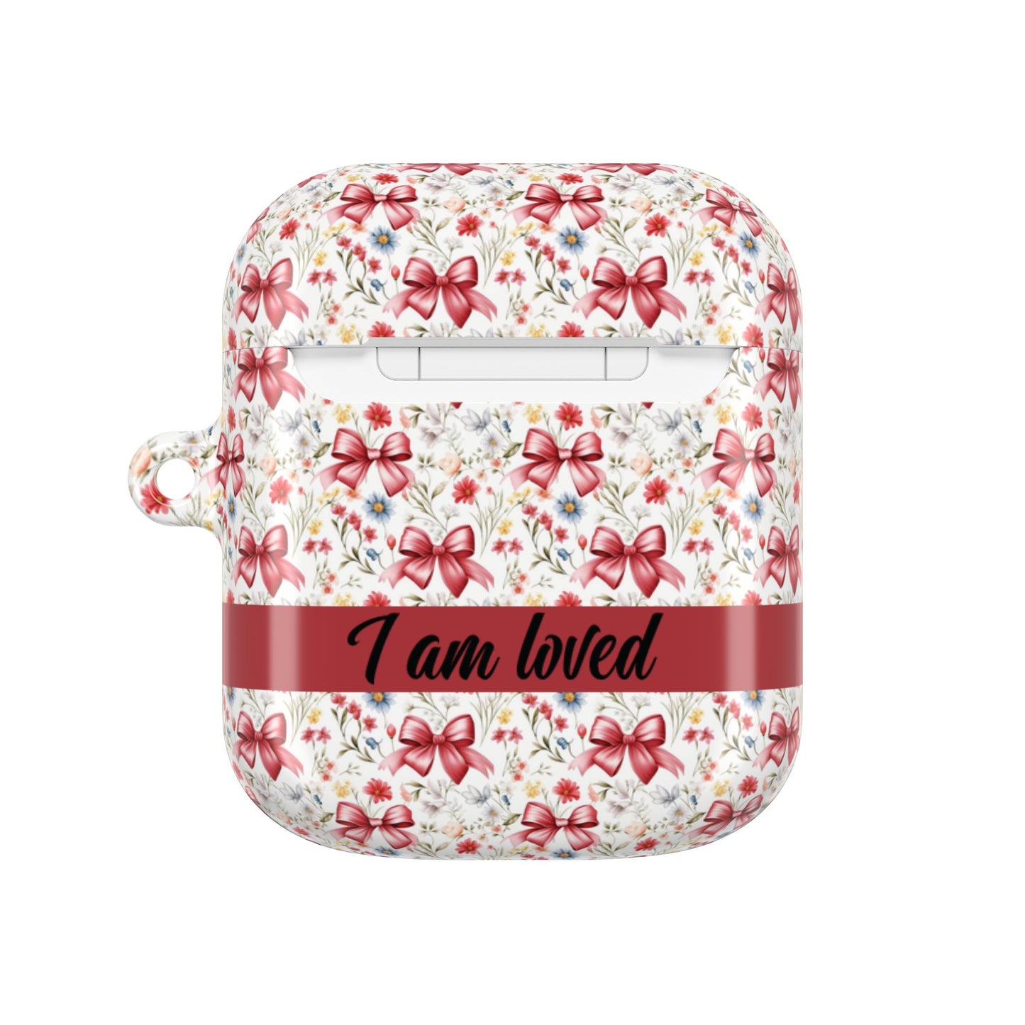 Personalized Rosette Coquette Floral AirPods Pro Gen 1, 2 and Airpods Gen 1, 2, 3, 4 Case — Red Bow Pattern with Custom Name Text.