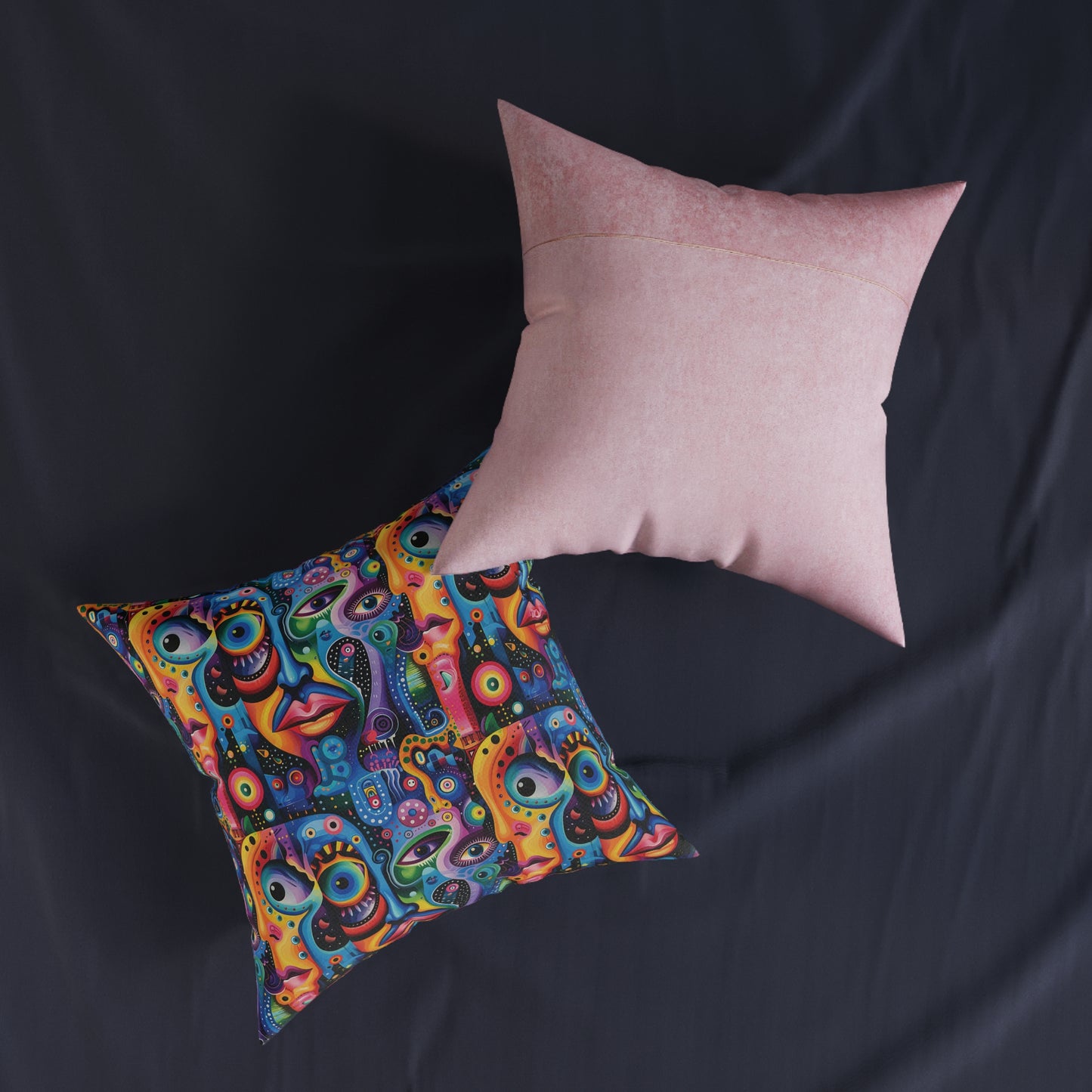 Psychedelic Visions Vibrant Art Square Pillow - Colorful Faces Design on Pink Back