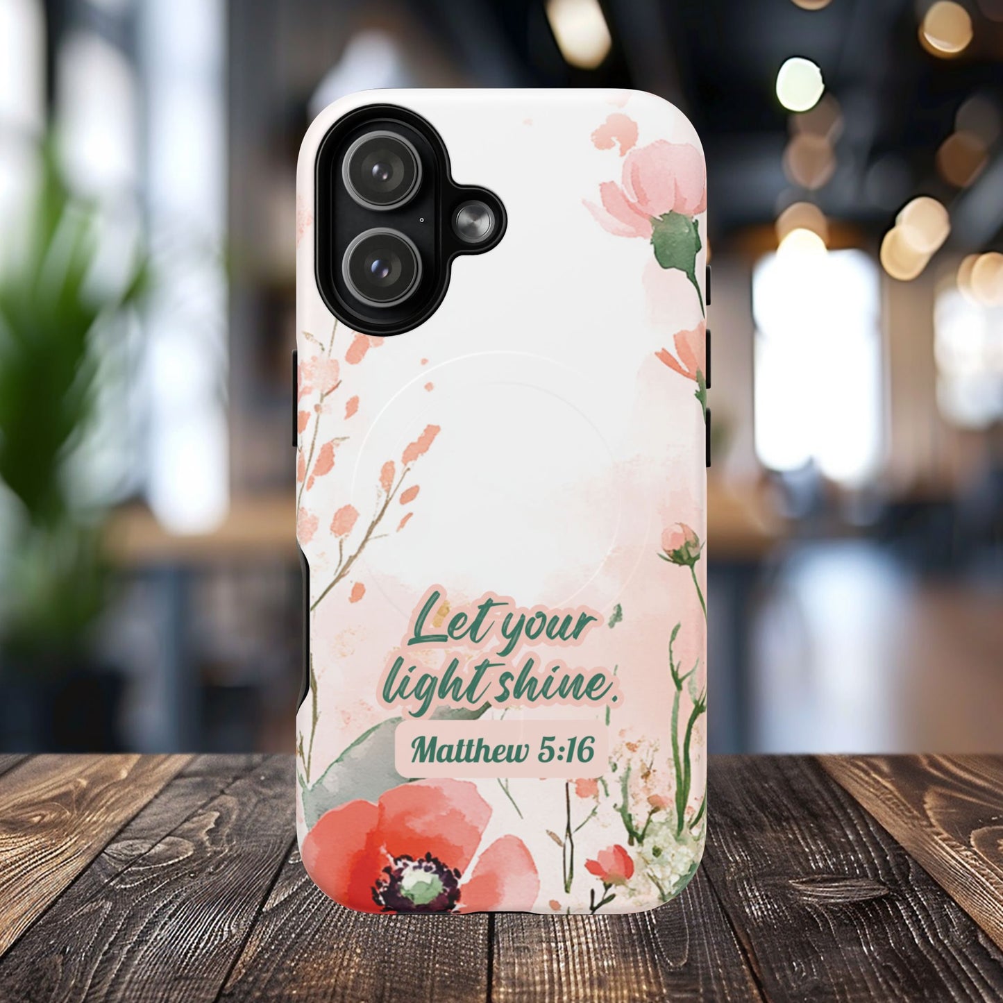 Let your Light Shine Matthew 5:16, Inspirational Gift, Tough iPhone Magnetic Case Scripture, Floral Bible Verse, MagSafe® iPhone® Tough Case, iPhone 14, iPhone 15, iPhone 16, Pro, Pro Max, Plus.