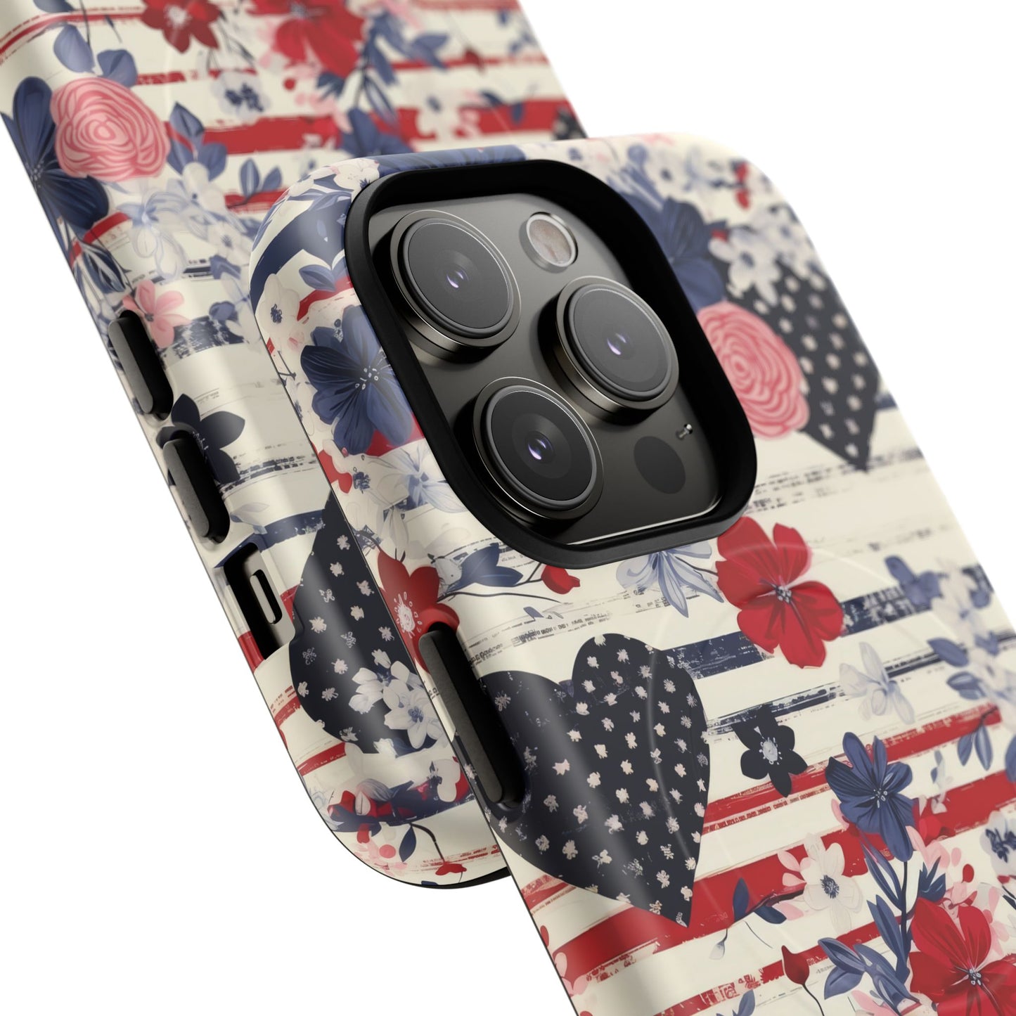 Patriotic Floral Phone Case, Tough Magnetic Cases, American Flag Design, Gift for Her, Independence Day Accessories