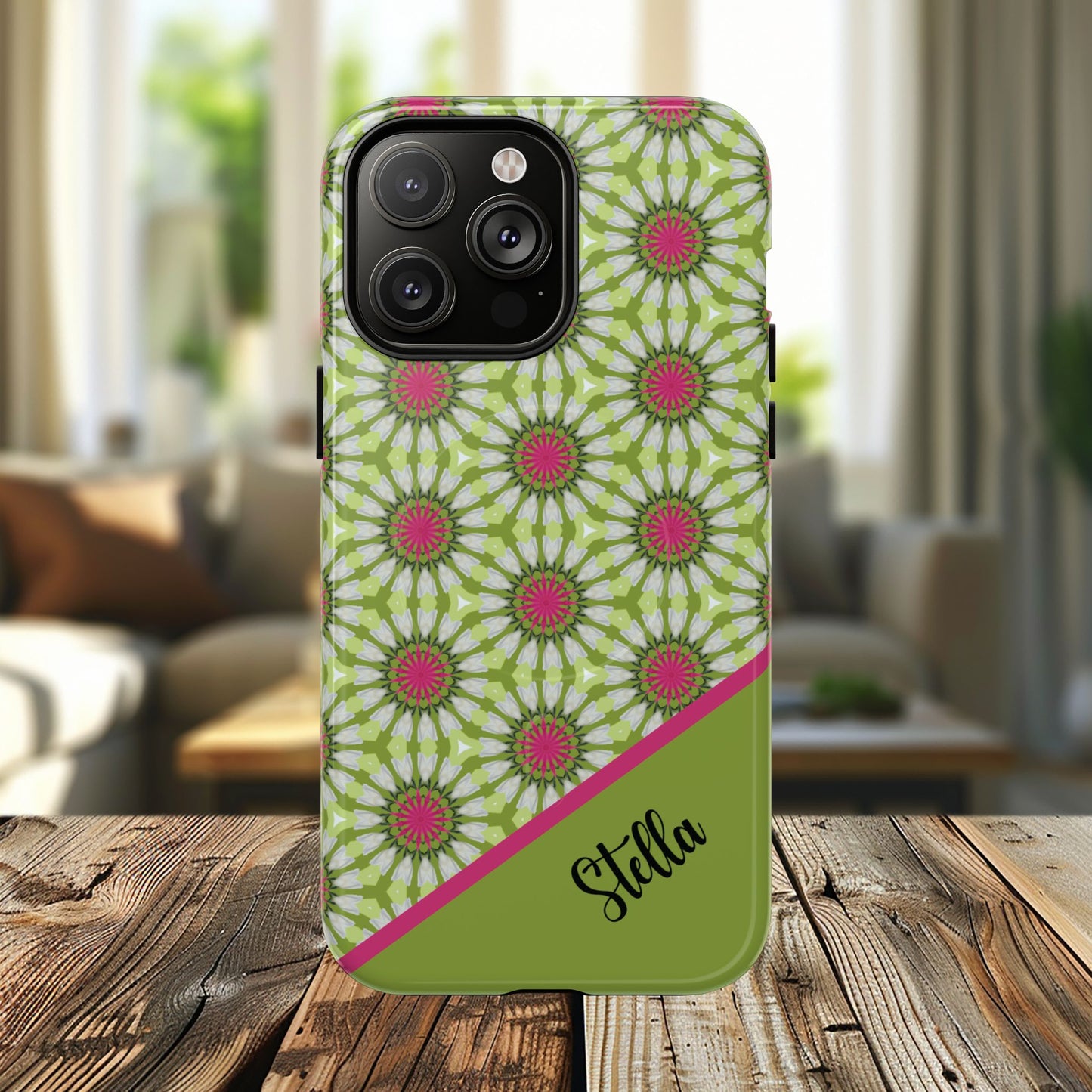 Personalized Meadow Mandala Bloom Vibrant Flower  — Green & Pink Geometric Daisy Design