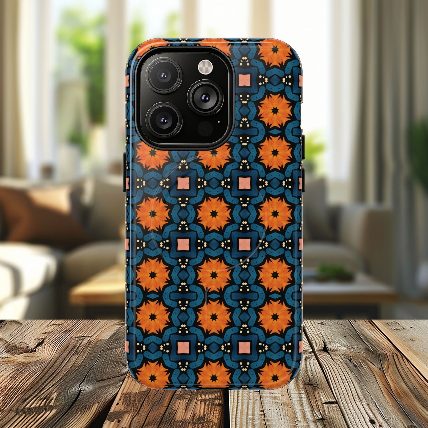 Saffron Tile Bloom Vibrant Floral Tough Magnetic iPhone Case, Durable iPhone Cover, Gift for Her, Floral Design, Unique iPhone Protection.