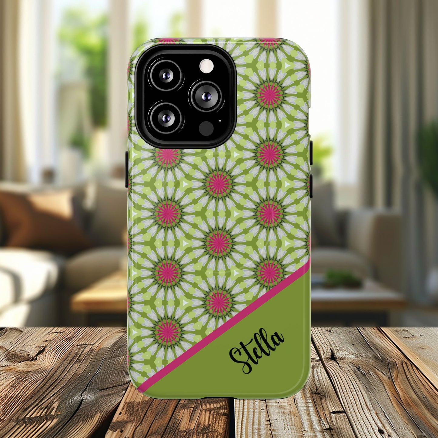 Personalized Meadow Mandala Bloom Vibrant Flower  — Green & Pink Geometric Daisy Design