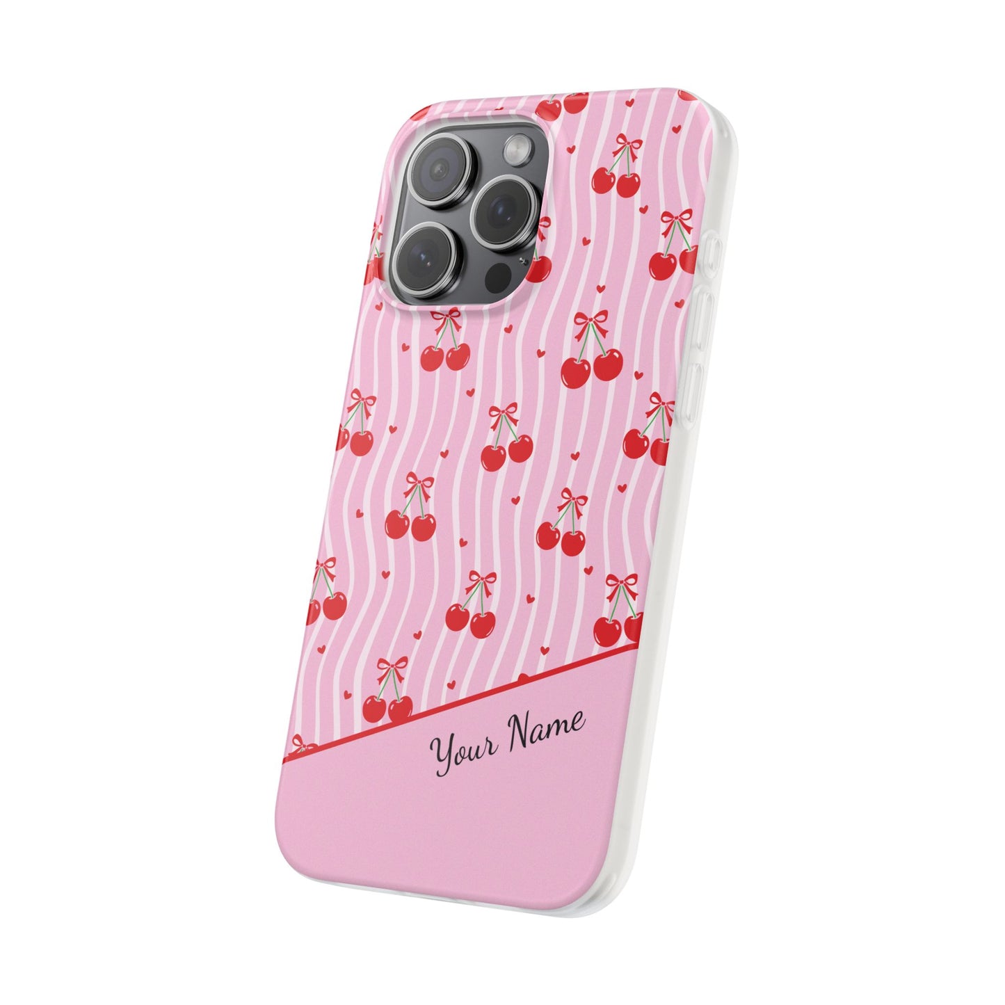Personalized Cherry Blossom Dreams Flexi Case — Pink Retro Cherry iPhone® 7/8, 11, 12, 13, 14, 15, 16, 17, X/XS, SE, XR, Mini, Pro, Pro Max, Plus Cases.