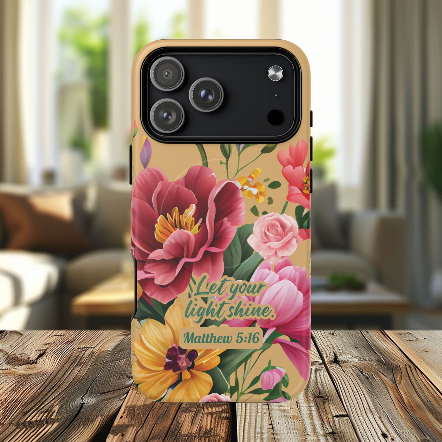 Let your Light Shine Matthew 5:16, Inspirational Gift, Tough iPhone Magnetic Case Scripture, Floral Bible Verse, MagSafe® iPhone® Tough Case, iPhone 14, iPhone 15, iPhone 16, Pro, Pro Max, Plus.