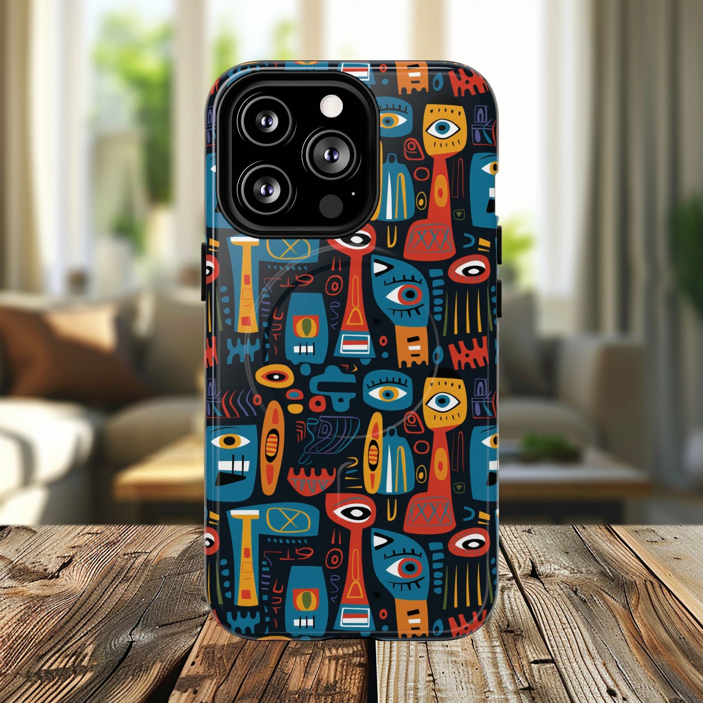 Urban Totem Vibe Tough iPhone Magnetic Case, Colorful Bohemian Art, Unique Gift for Him/Her, Holiday Accessory, iPhone Protection, MagSafe iPhone Case.