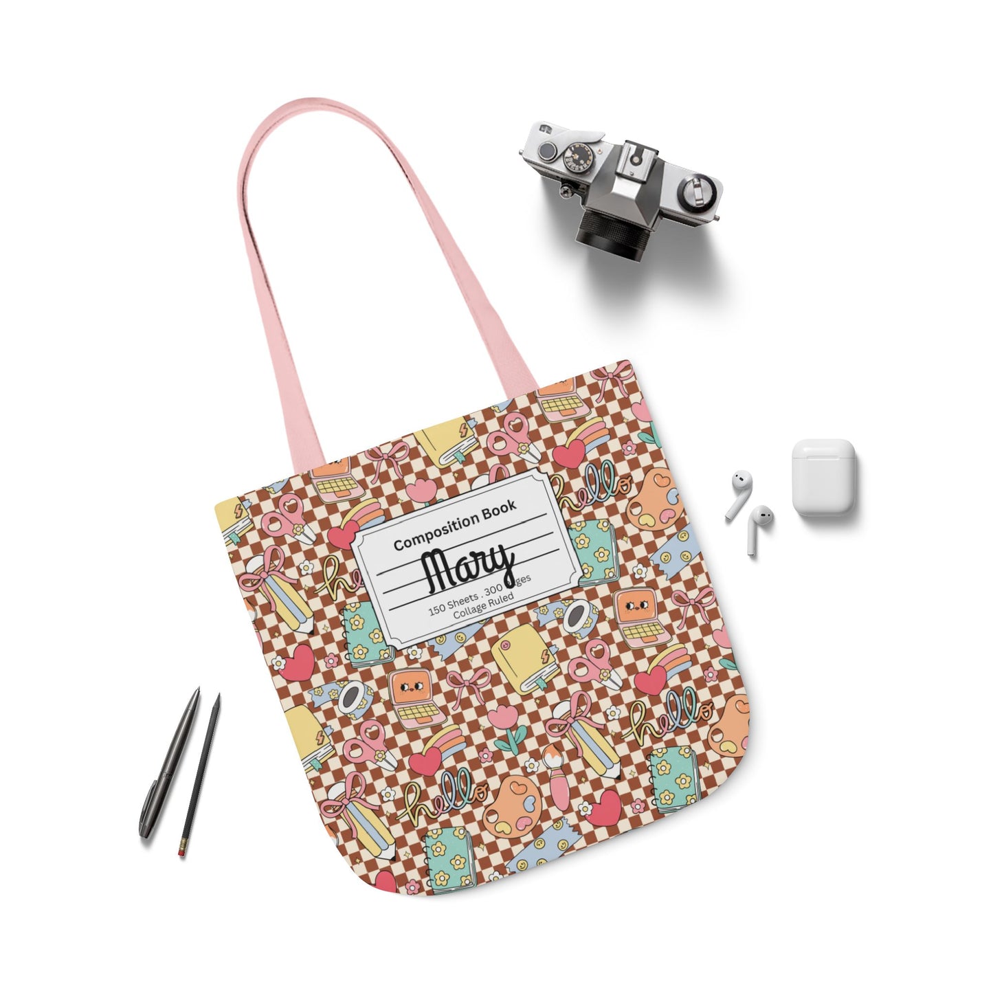 Personalized Brown Doodle Daydream Composition Book Inspired Canvas Tote Bag with Colorful Straps, Cute School Bag, Eco-Friendly Tote, Back to School Shopping Bag, Teacher Gift Idea