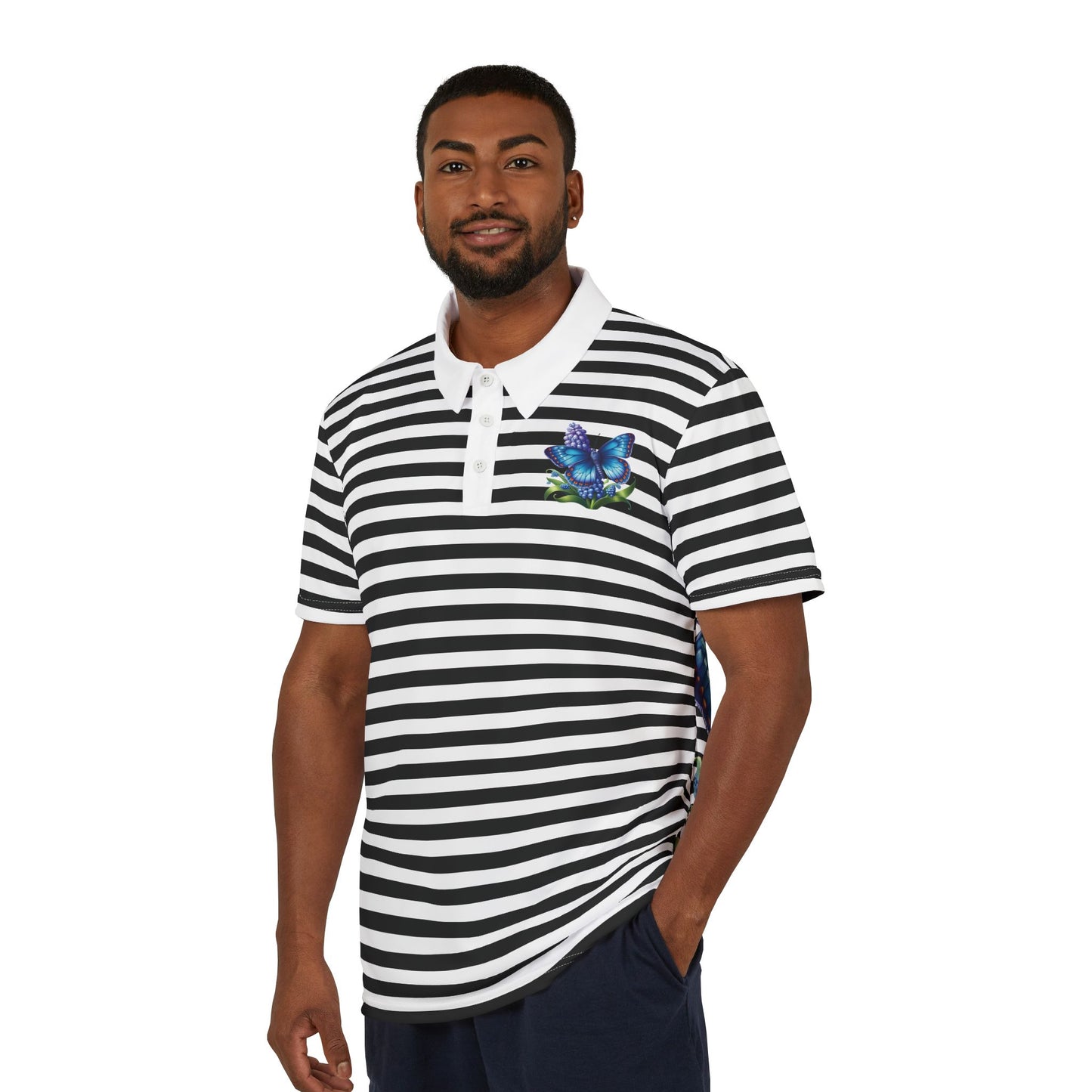 Elegant Floral Butterfly Striped Unisex Polo Shirt, Casualwear, Summer Fashion, Gift for Him/Her, Outdoor Activities, Everyday Style, Gift for Her and Gift for Him.