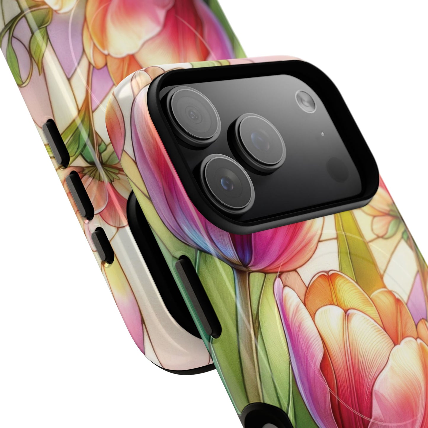 Tulip Glow Tough iPhone Magnetic Case, Floral Design, Spring Gift, Durable Protection, Smartphone Accessories, MagSafe Accessories, Stained Glass Tulip Gift
