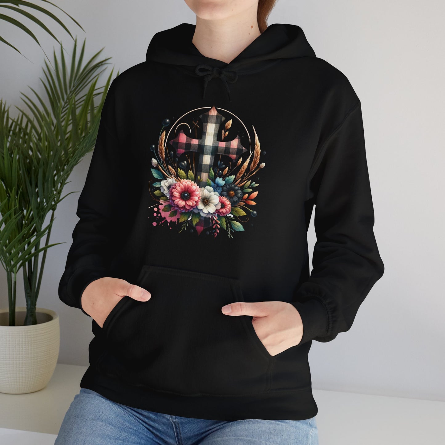 Faith and Floral Cross Unisex Heavy Blend™ Gildan Hooded Sweatshirt.