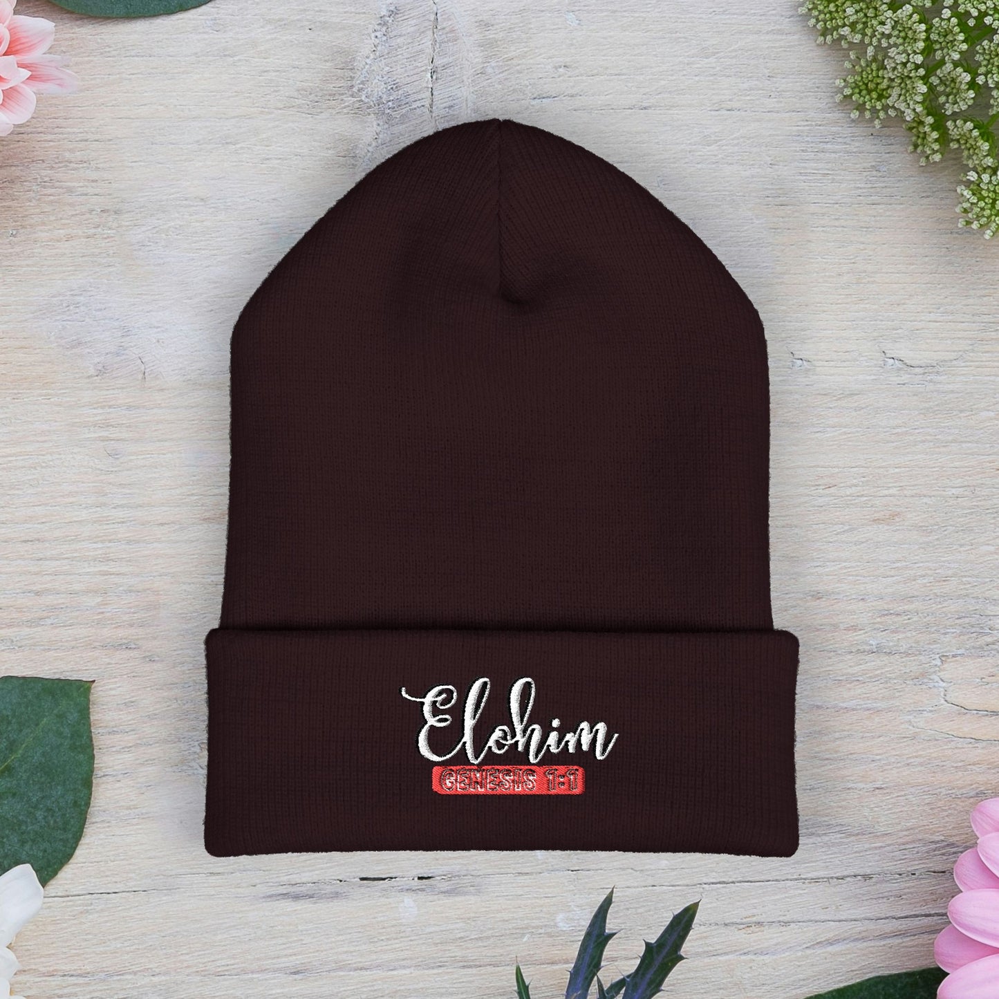 Embroidered 'ELOHIM, GENESIS 1:1' Classic Cuffed Beanie - Cozy Winter Hat, Streetwear Accessory, Personalized Gifts, Religious Apparel, Unisex Beanie