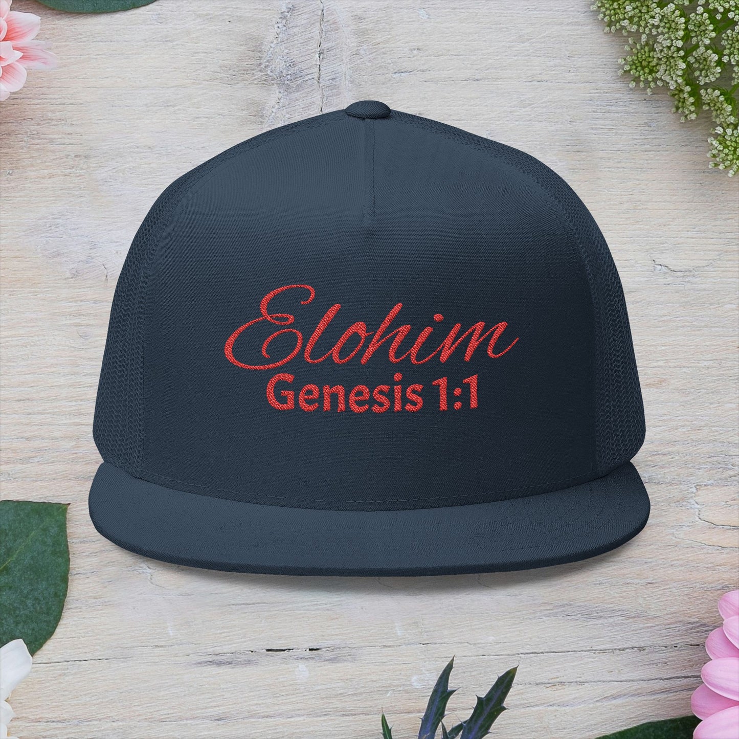 Red 'ELOHIM, GENESIS 1:1'  Embroidered 5 Panel Trucker Cap | Casual Style Hat, Adjustable, Unisex, Perfect Gift for Outdoors, Festivals, Daily Wear