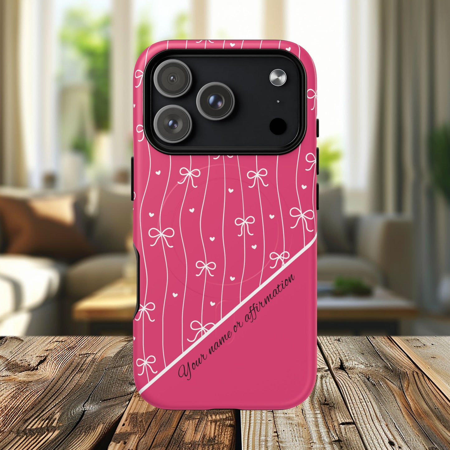 Pink Bow Coquette Magnetic Tough Magnetic MagSafe®  Case — (Add Name or Affirmation)-iPhone® 13, 14, iPhone 15, iPhone 16, iPhone 17, Pro, Pro Max, Plus Cases.