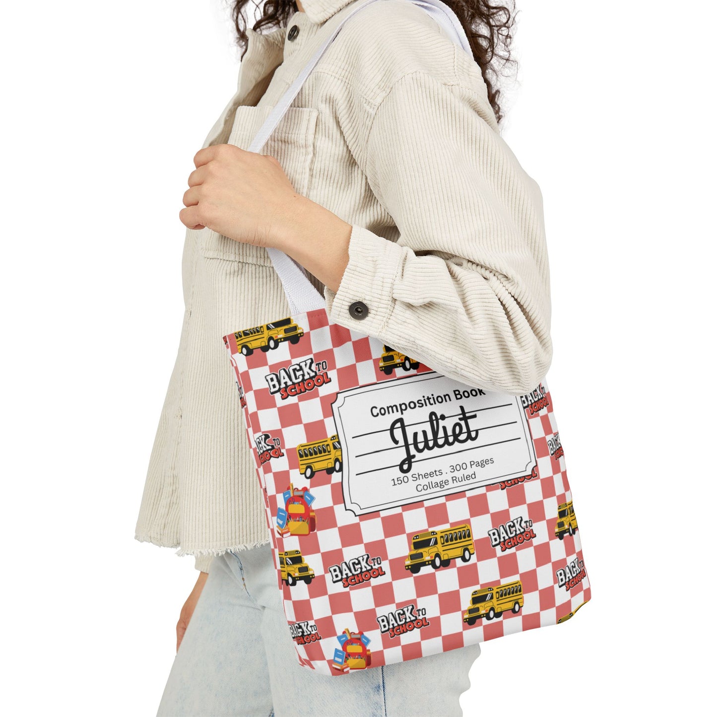 Personalized Red Schoolyard Chic Composition Book Inspired Canvas Tote Bag with Colorful Straps, Cute School Bag, Eco-Friendly Tote, Back to School Shopping Bag, Teacher Gift Idea