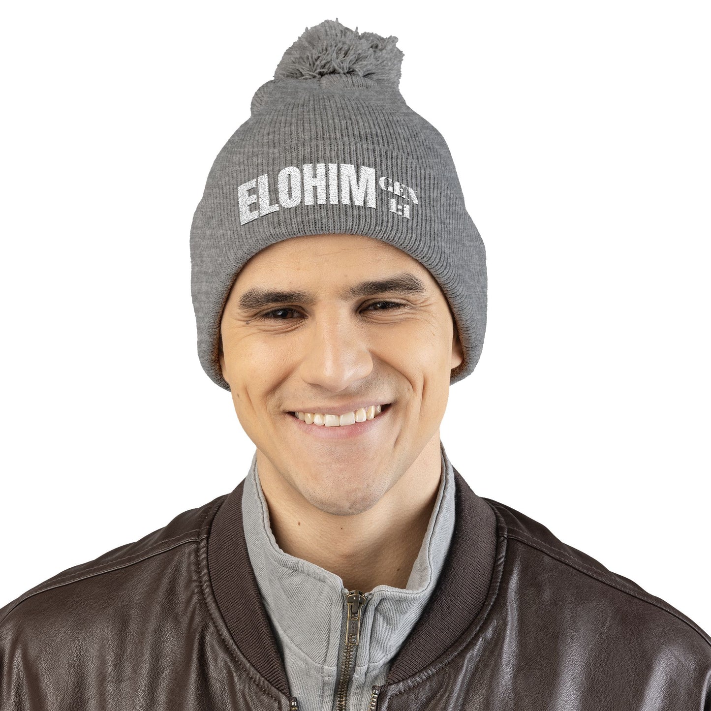 Pom-Pom Knit Cap with 'ELOHIM, GENESIS 1:1'  Embroidery Beanie - Stylish Winter Accessory for All Ages, Perfect Gift for Birthdays, Holidays, and Outdoor Activities