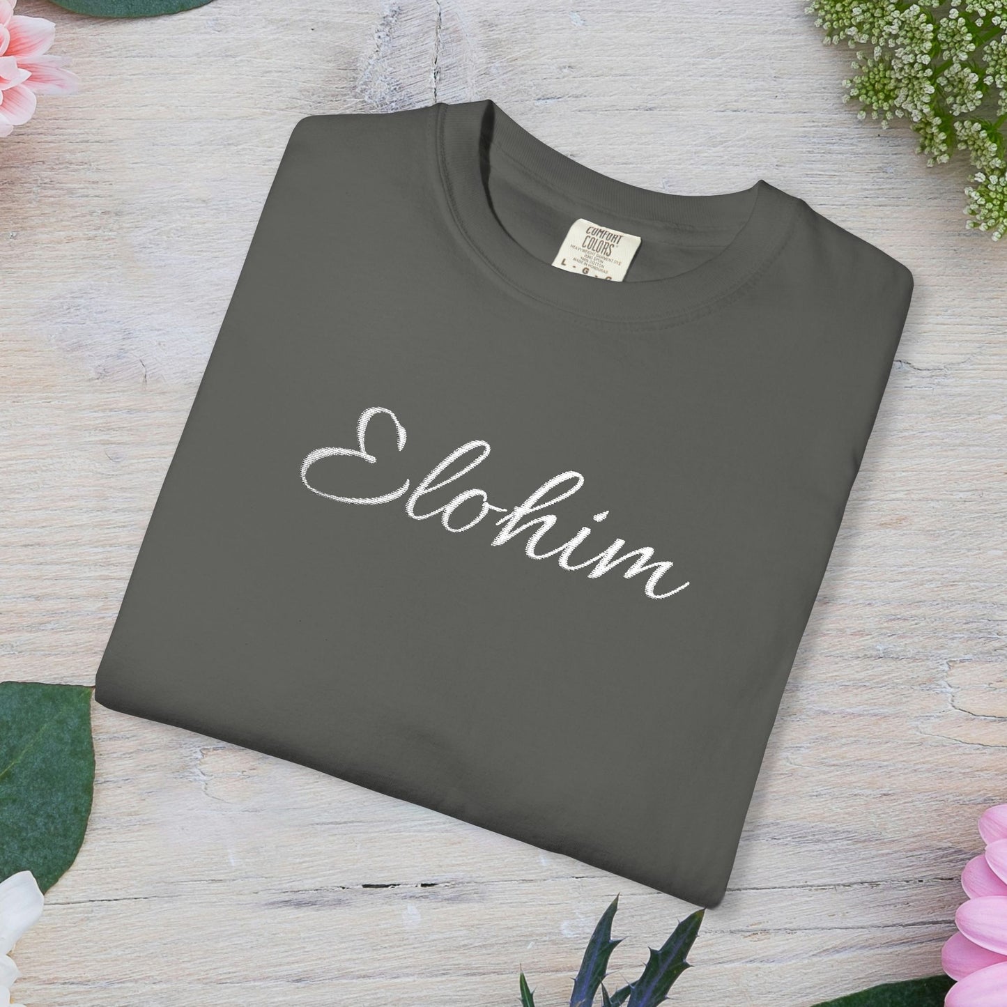 Embroidery 'ELOHIM, GENESIS 1:1' - Faith-Based Unisex Garment-Dyed Comfort Colors T-shirt, Faith Gift Tee, Religious Tee, Embroidery Tee.