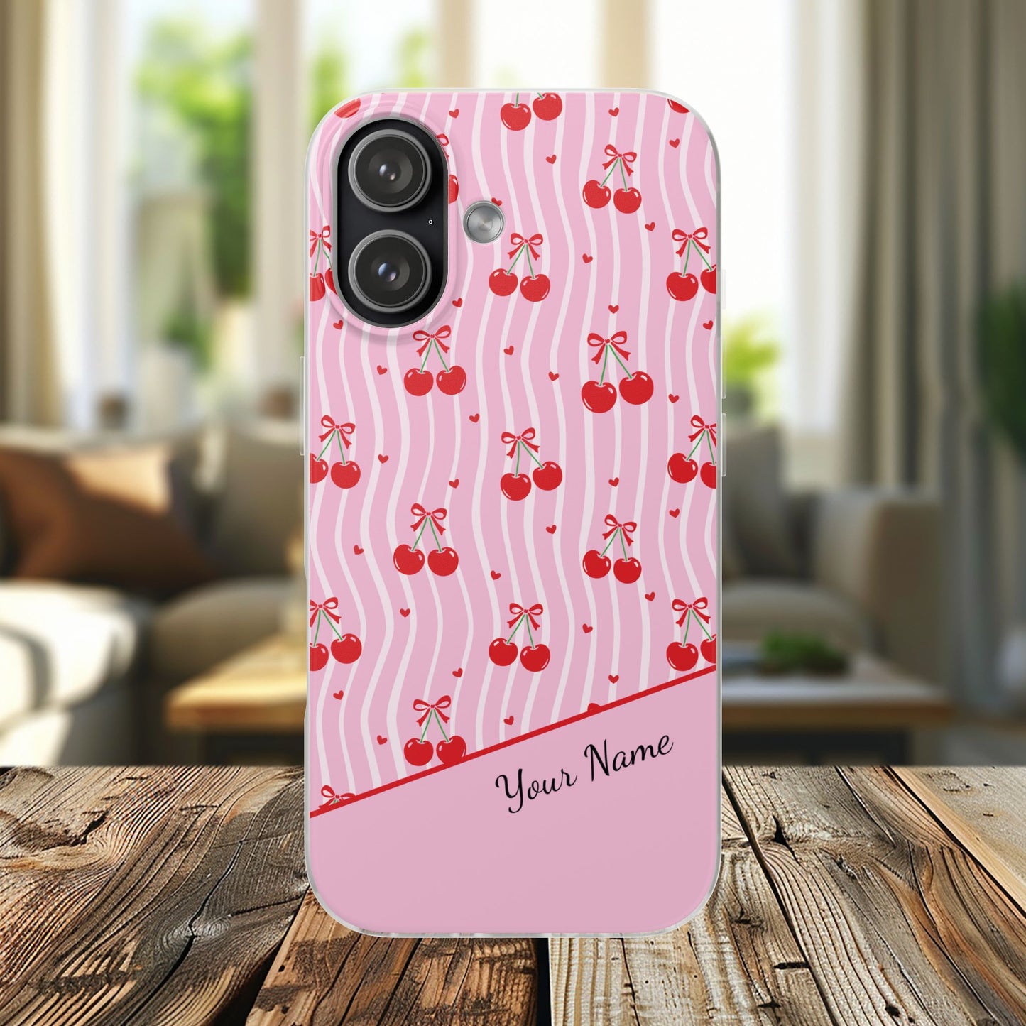 Personalized Cherry Blossom Dreams Flexi Case — Pink Retro Cherry iPhone® 7/8, 11, 12, 13, 14, 15, 16, 17, X/XS, SE, XR, Mini, Pro, Pro Max, Plus Cases.