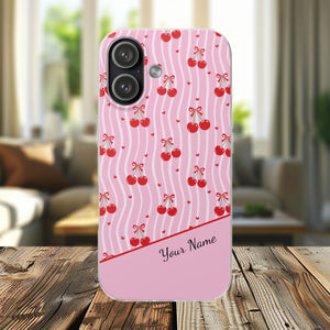 Personalized Cherry Blossom Dreams Flexi Case — Pink Retro Cherry iPhone® 7/8, 11, 12, 13, 14, 15, 16, 17, X/XS, SE, XR, Mini, Pro, Pro Max, Plus Cases.