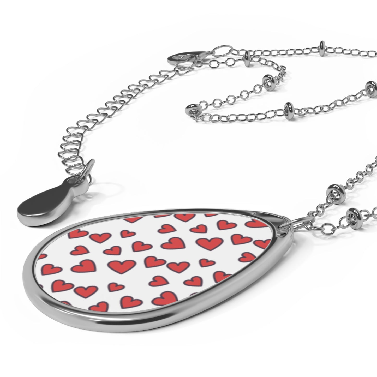 Oval Heart Pattern Necklace — Silver Teardrop Pendant with Red Hearts (Valentine’s Gift)