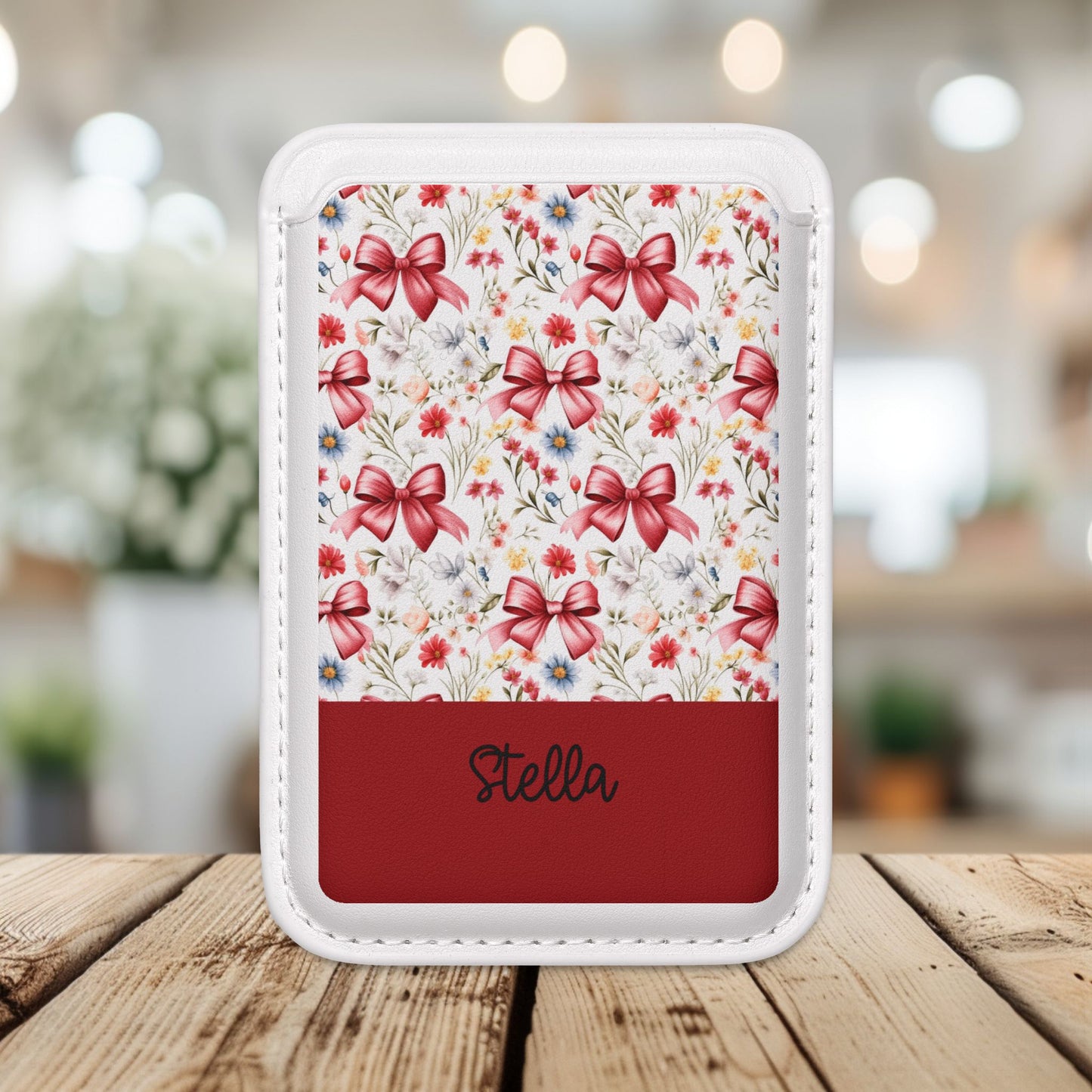 Personalized Rosette Coquette  Floral Bow MagSafe Wallet — Vegan Leather Cardholder with Name