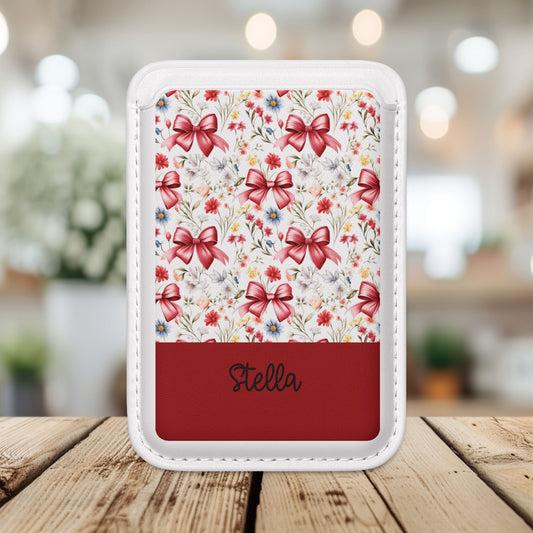 Personalized Rosette Coquette  Floral Bow MagSafe Wallet — Vegan Leather Cardholder with Name