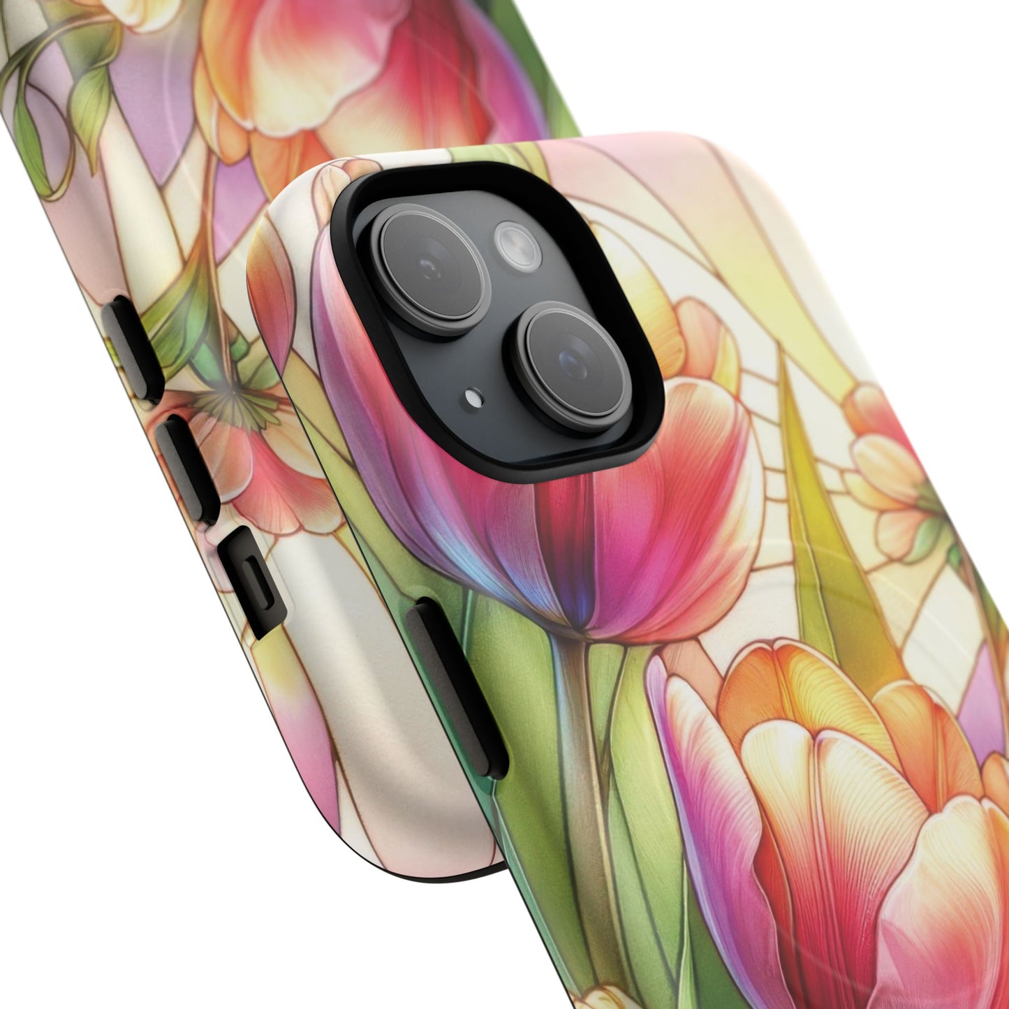 Tulip Glow Tough iPhone Magnetic Case, Floral Design, Spring Gift, Durable Protection, Smartphone Accessories, MagSafe Accessories, Stained Glass Tulip Gift